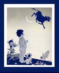 Cow Jumped Over The Moon Marjorie Torrey 1940s Mother Goose Nursery Rhyme Book Art Illustration Hey Diddle Diddle Cat Fiddle Old Book Art Cat Nursery Book Art
