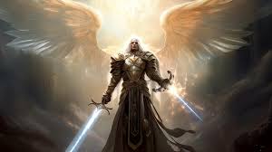 A powerful warrior angel stands ...