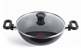 Tefal Aluminium Madras Non Stick Kadai Cooking Curry Pan Black With Glass Lid Tefal