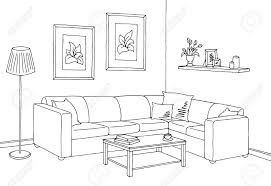 The classic layout in a living room is to position the sofa to face the tv, but what if it were to face the window or another sofa instead? Living Room Graphic Black White Interior Sketch Illustration Interior Sketch Interior Design Sketches Interior Design Drawings