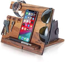 Amazon Com Teslyar Natural Walnut Wood Phone Docking Station Hooks Key Holder Wallet Stand Watch Organizer Men Husband Anniversary Birthday Nightstand Purse Father Graduation Male Idea Gadgets Solid Cell Phones Accessories