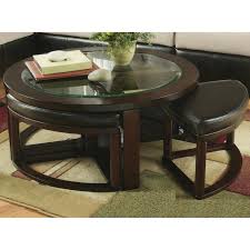 The mix of wood and glass is a stylish one that adds to the originality of the interior. Roundhill Cylina Solid Wood Glass Top Round Coffee Table With 4 Stools Walmart Com Walmart Com