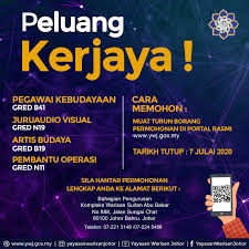 Duit korang dapat balik, rujukan ni korang simpan. Yayasan Warisan Johor Yayasan Warisan Johor Mempelawa Calon Calon Yang Berkelayakan Untuk Mengisi Kekosongan Jawatan Pegawai Kebudayaan Gred B41 Juruaudio Visual Gred N19 Artis Budaya Gred B19 Pembantu Operasi Gred