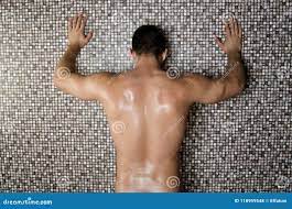 Shower. Naked Man Washes. Clean and Hygiene Stock Photo - Image of drop,  care: 118959548