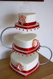 3 Tier Heart Cake With Red Ribbon Flowers Heart Wedding Cakes Heart Wedding Cake Topper Red Velvet Wedding Cake