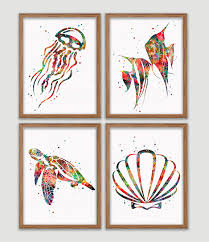 Plum gut pen & ink print. Ocean Life Watercolor Posterset Of 4 Coastal Art Prints Jellyfish Angel Fish Seashell Wall Decor Nautical Artworks Oceanic Life Wall Art Sea Life Home Decor Beach House Decor Buy Online In Samoa