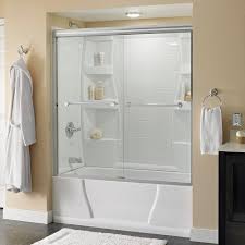 Home depot also sells other home improvement supplies including wallpapers and towels. Delta Lyndall 60 In X 58 1 8 In Semi Frameless Traditional Sliding Bathtub Door In Chrome With Clear Glass 158721 The Home Depot