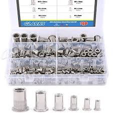 Glarks 180pcs 304 Stainless Steel Flat Head Threaded Rivetnut Insert Nutsert Rivet Nut Assortment Kit M3 M4 M5 M6 M8 M10