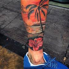 Male Calf Sunset Tattoo With Palm Tree And Ocean Sunset Tattoos Sleeve Tattoos For Women Tattoos