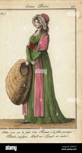 Woman in madwoman-style bonnet with huge fur muff, 1797. She wears a casual  blonde wig with madwoman-style bonnet and pink kerchief. Pink shawl and a  star-shaped pin. Fichu rose sur le fond