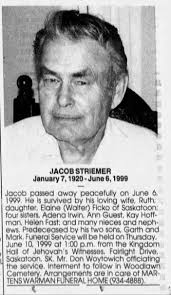 Obituary for JACOB STRIEMER, 1920-1999