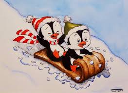 I'll never look at santa's sleigh the same way again. Aquarell Schlittenfahrt Original Deko Vintage Pinguin Schlitten Schnee Penguin Schlittenfahrt Pinguine Schlitten