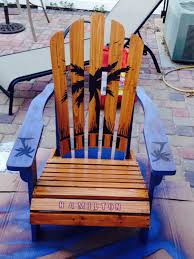 Hand Painted Adirondack Cedar Wood W Teak Color Stain Two Tone Distressed Look Acrylic Artwork Finished Beach Theme Decor Hand Painted Hand Painted Chairs