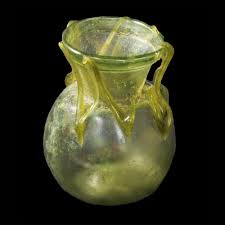 The octagonal body with central concentric rings on each side, the neck with everted rim and applied pale green twin handles, with. Ancient Late Roman Early Byzantine Glass Jar With Trail Decoration Ebay Glass Jars Glass Ancient