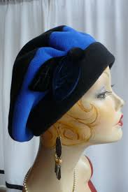 Women's Black and Cobalt Blue Fleece Beret With Handmade Velvet Leaves and  Button