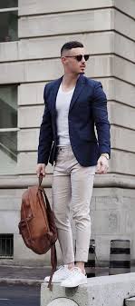Summer Business Casual Combo With A Navy Blazer White T Shirt Light Tan Trousers Gold Banded Watch Sungl Mens Fashion Edgy Blazer Outfits Men Mens Street Style