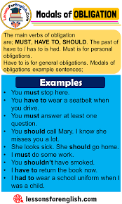 A moral or legal duty to do something: English Modal Verbs Of Obligation The Main Verbs Of Obligation Are Must Have To Should The Pas Easy English Grammar English Learning Spoken English Grammar