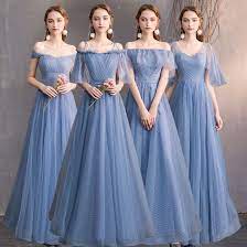 Affordable Sky Blue Bridesmaid Dresses 2019 A Line Princess Spotted Tulle Floor Length Long Ruffle Backless Wedding Party Dresses Pakaian Pesta Gaun Perempuan Pakaian Pernikahan