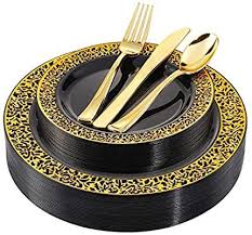 Black And Gold Plastic Plates Amazon Com Bucla 125 Pratos De Plastico Preto Com Aro Dourado E Plastico Dourado Descartavel P In 2020 Black Plastic Plates Gold Plastic Silverware Plastic Silverware