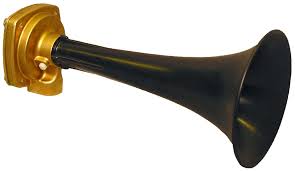 An antique brass tyfon ship fog horn with a manual hand pump, fastened to a wooden base. Tyfon Pneumatic For Rolling Stock