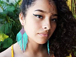 Purple Turquoise Native American Beaded Earrings, Large Dangle Seed Bead  Earrings, Huichol Earrings, Tribal Fashion Statement Earrings