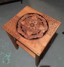 Wood Burned Sanded Stained And Varnished Mandala Table Wood Burning Art Wood Burning Patterns Wood Burning Crafts