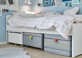 A White Slakt Bed With A White Storage Unit Grey Seat Module And Foldable Mattress Stored Underneath Mattressstores Ikea Kids Bedroom Home Bedroom