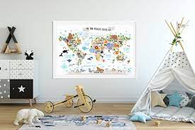 Kids World Map Poster Animal World Map Playroom Wall Decor Etsy Baby Boy Nursery Decor Kid Room Decor Playroom Wall Decor