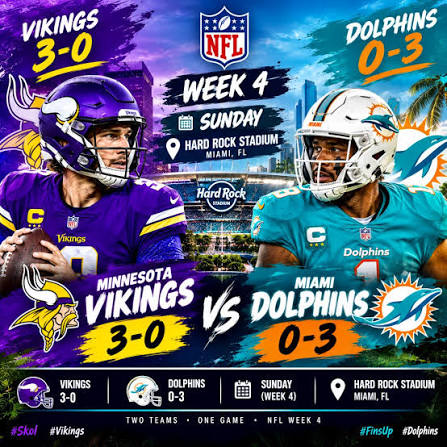 🔥 Vikings vs. Dolphins — Week 4 The Minnesota Vikings enter Sunday's  matchup at 3–0, while the Miami Dolphins are 0–3. Minnesota will travel to  Miami for the Week 4 showdown at
