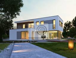 Ein haus mit flachdach und kubusform kombiniert mit einer lamellenfassade ergibt ein trendiges kubushaus. Haus Kubus 4 Am Abend Leinwandbilder Bilder Abendszene Neubau Hausbau Myloview De