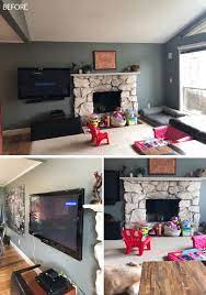 Prepare the living the following before and after pictures show how a room can quickly turn into a colorful oasis feel the floral motif wall is seen on the bulletin board. Before After Living Room Renovation With A Recessed Tv Above A Fireplace