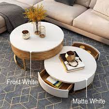 Moderner Runder Couchtisch Aus Holz Mit Drehbaren Schubladen In Weiss Natur In 2021 Round Coffee Table Modern Round Coffee Table Living Room Coffee Table