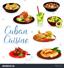 Cuban Cuisine Meat Dishes With Fruit Dessert And Drinks Vector Ham Sandwich Beef Pork And Chicken Stew With Veget A Cuban Cuisine Meat Dishes Fried Bananas