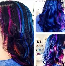 This soft mix of galaxy hair can also be created with chunky highlights, instead of ombre or multidimensional highlights and lowlights. Pink Blue Purple And Black Highlights Mermaid Hair Black Hair With Highlights Pink Hair Hair Color