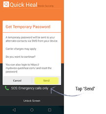 In the left corner of the unlock interface there should be forgotten the password. Quick Heal Mobile Security 2 1