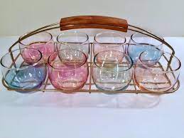 Federal Glass Mid Century Somewhere Over The Rainbow Roly Poly Bar Set Retro Glassware Bar Set Glass Bar