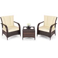 When winter begins to turn into spring, you'll want to start spending more time outdoors enjoying the warm weather with friends or family. Tangkula 3 Piece Patio Furniture Set Wicker Rattan Outdoor Patio Conversation Set With 2 Cushioned Chairs End Table Backyard Garden Lawn Chat Set Chill Time Modern Outdoor Furniture Dark Brown Patio