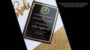 Black Acrylic Wedding Invitation Gold Black Luxury Modern Geometric Hexa Acrylic Wedding Invitations Art Deco Wedding Invitations Wedding Invitation Gold Black