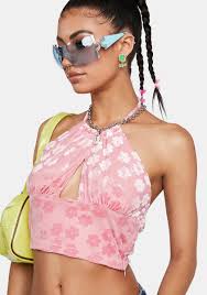 Daisy Street Pink Floral Halter Crop Top