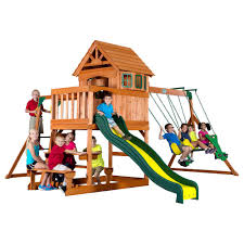 The Springboro Wooden Playset Is Awesome There S A Clubhouse Up On The 4 Ft High Deck That Has Bay Windows And Ev In 2021 Cedar Swing Sets Swing Set Wooden Swing Set