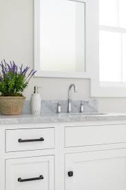 Grey bathroom with black hardware. White Cabinet Detail With Black Hardware Polished Faucet And Plant Stock Image Image Of Hardware White 173727323