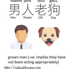 男人老狗男 man 人 people 老 old 狗 dog grown man tends to be negative 男人老狗 成日留馬尿 好肉酸 slang proverb cantonese old dogs character disney characters