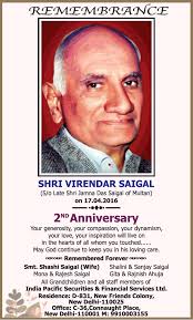 Remembrance Shri Virendar Saigal Ad