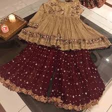 Golden And Maroon Embroidered Baby Girls Sharara Dress Designs 2018 For Wedding Party Sharar Sharara Designs Pakistani Bridal Dresses Wedding Dresses For Kids