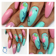 Coffinnails Gelnails Nails Pink Turquoise Handpainted Flowers Flamingo Summernails Mermaidpigment Ballerinaform Gelna Sommernagel Nagelstudio Nails