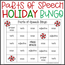 Parts Of Speech Bingo Holiday Edition Nouns Verbs Adjectives And Proper Nouns Made Fun Parts Of Speech Elementary Teaching Resources Parts Of Speech List