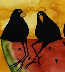 Black Birds In Painting Farmhouse Crows Ravens Blackbirds Watermelon Picnic Animals Etsy In 2020 Black Folk Art Bird Art Folk Art Painting