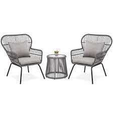 3 Piece Patio Wicker Conversation Bistro Set W 2 Chairs Glass Top Table Glass Top Side Table Bistro Set Patio Furniture Sets