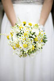 Round Bridal Bouquet White Lisianthus White Astilbe White Bouvardia White Yellow Chamomile Y Yellow Wedding Flowers Daisy Wedding Flowers Yellow Bouquets