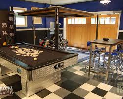 Great Man Cave Garage Space Like The Aluminum Chairs Silver And Black Live The Diamond Plate Pool Table Too Man Cave Garage Man Cave Doors Man Cave